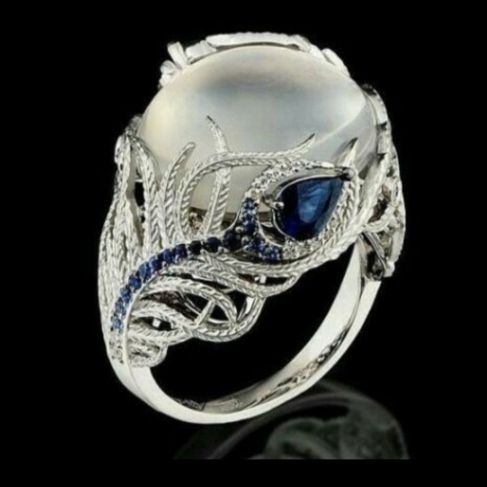 White Lucite Blue Rhinestone Statement Ring Silver Tone Setting Size 9